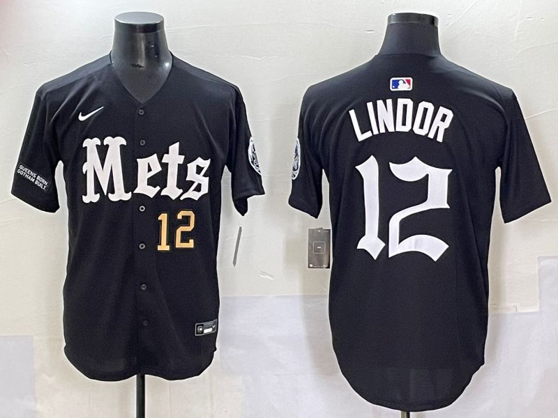 Men 2025 New York Mets #12 Lindor Black Five generations Joint Name Nike MLB Jersey style 3